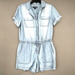 Jordache Jumpsuit Romper Short Sleeve Button Up Womens Medium Chambray Blue